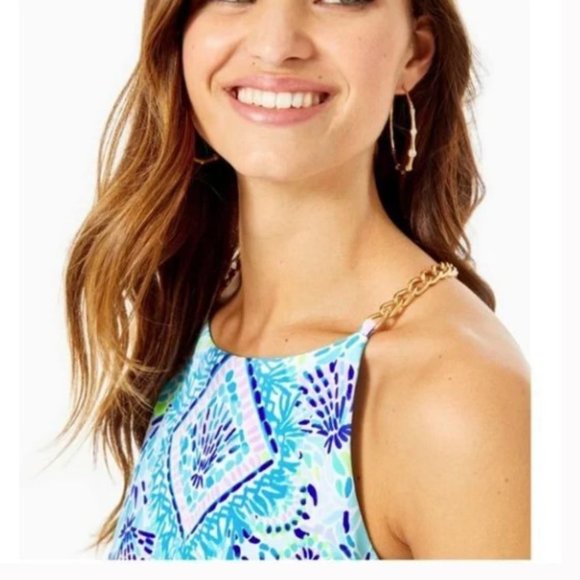 Lilly Pulitzer Pearl Romper Dress Blue Ibiza Open Water Gold Chain NWT - Picture 3 of 9